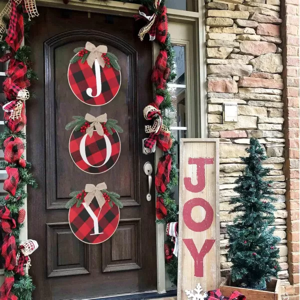 OurWarm Joy Sign Christmas Wreaths for Front Door Buffalo Plaid Christmas Wreath Decorations for Door Window Wall Indoor Outdoor Farmhouse Burlap Wooden Home Decor Holiday Party Supplies