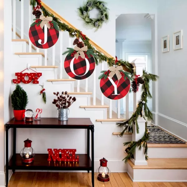 OurWarm Joy Sign Christmas Wreaths for Front Door Buffalo Plaid Christmas Wreath Decorations for Door Window Wall Indoor Outdoor Farmhouse Burlap Wooden Home Decor Holiday Party Supplies