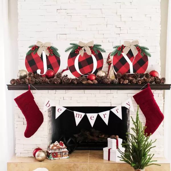 OurWarm Joy Sign Christmas Wreaths for Front Door Buffalo Plaid Christmas Wreath Decorations for Door Window Wall Indoor Outdoor Farmhouse Burlap Wooden Home Decor Holiday Party Supplies