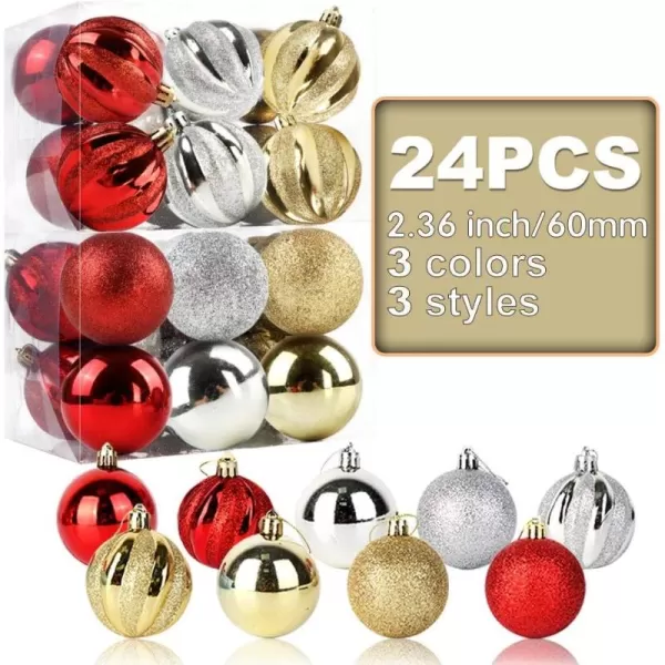 OurWarm 24pcs 236quot Assorted Christmas Ball Ornaments Shatterproof Christmas Decorations Tree Balls for Holiday Xmas Tree Decorations Tree Ornaments Hooks Included GoldRedSilver