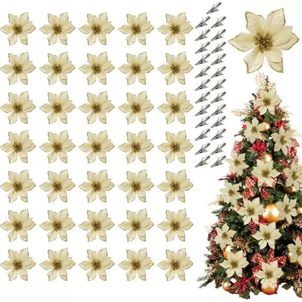 OurWarm 50pcs Poinsettia Christmas Decorations Christmas Tree Flowers Christmas Flowers Artificial for Decoration Gold Poinsettia Flowers for Christmas Tree Decorations