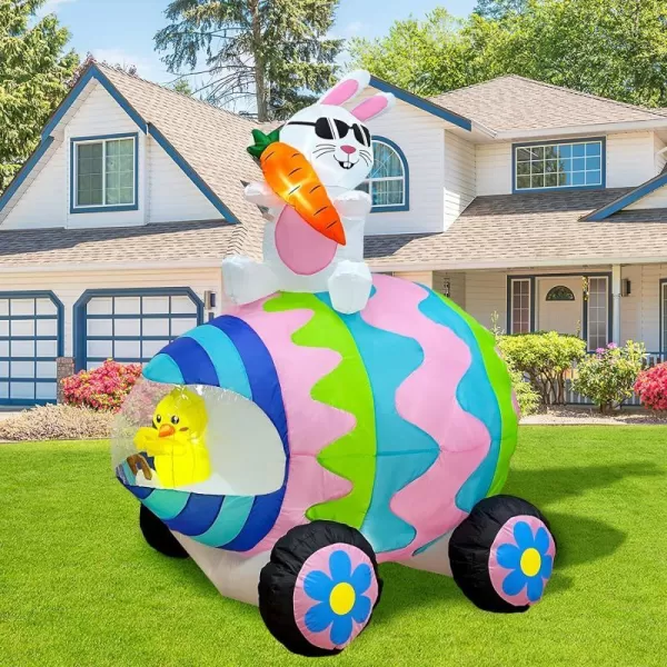 OurWarm 6 FT Easter Inflatables Outdoor Decorations Bunny and 3 Colorful Eggs Buildin LED Lights Blow Up Yard Decorations for Easter Decor Home Holiday Party Indoor Outdoor Garden Lawn Decor6 FT Easter Egg Car