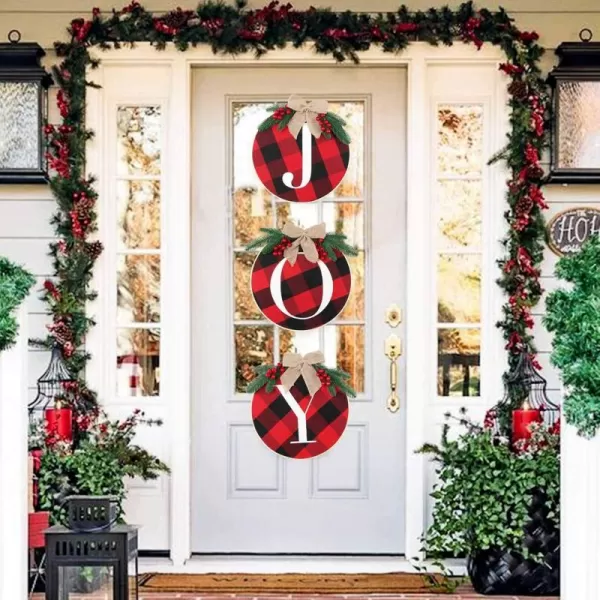 OurWarm Joy Sign Christmas Wreaths for Front Door Buffalo Plaid Christmas Wreath Decorations for Door Window Wall Indoor Outdoor Farmhouse Burlap Wooden Home Decor Holiday Party Supplies
