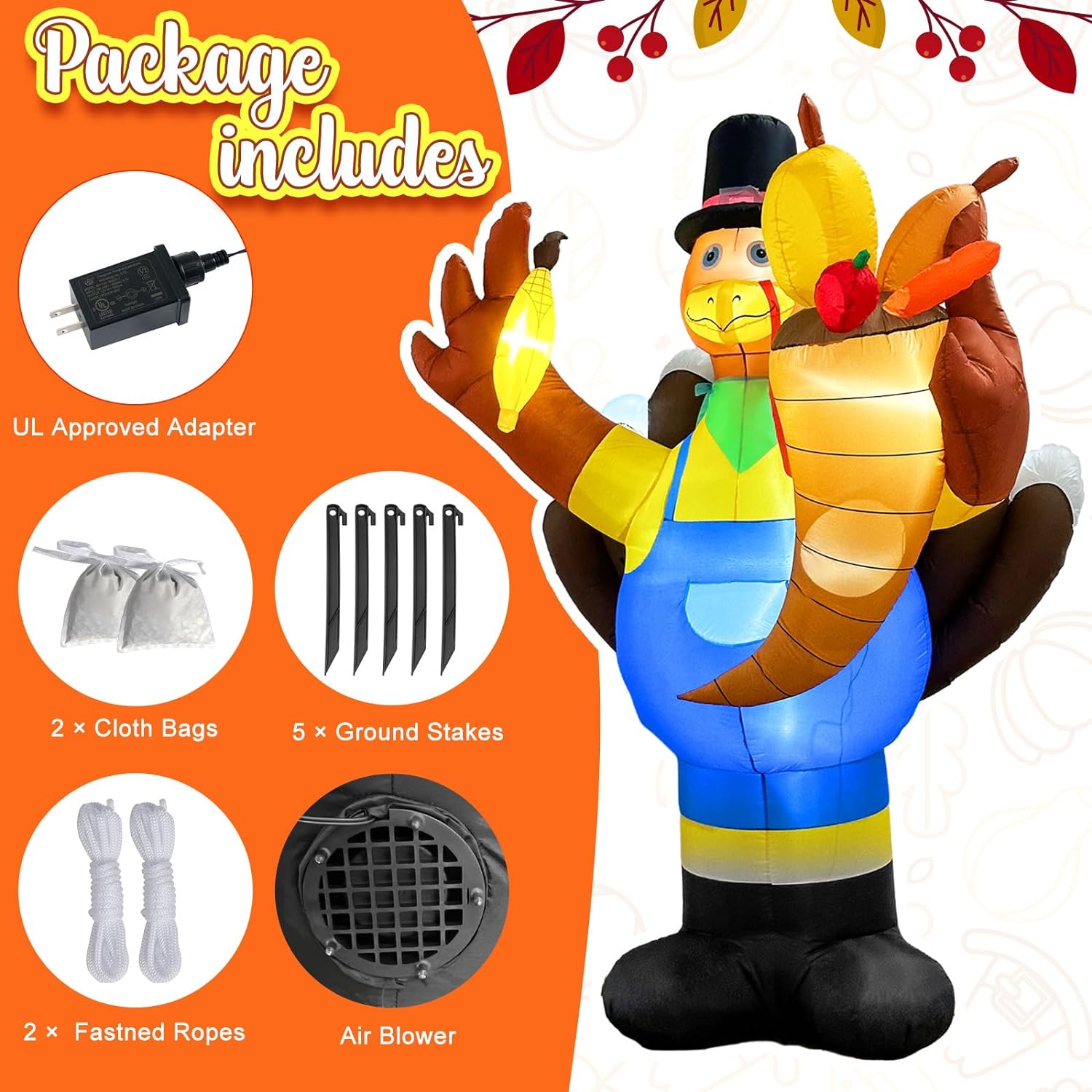 OurWarm 8FT Thanksgiving Inflatables Outdoor DecorationsInflatable Turkey Blow up Yard Decorations with LED Lights and Cornucopia for Indoor Outdoor Thanksgiving Fall Autumn Yard Lawn Party Decor8FT