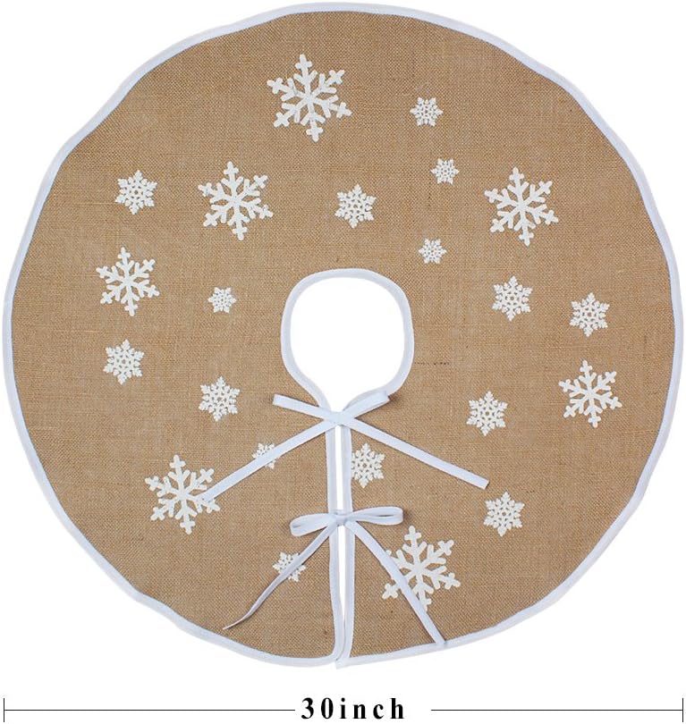 OurWarm Burlap Christmas Tree Skirt 30 Inch Small Xmas Tree Skirt White Snowflake Printed Vintage Christmas DecorationsOurWarm Burlap Christmas Tree Skirt 30 Inch Small Xmas Tree Skirt White Snowflake Printed Vintage Christmas Decorations