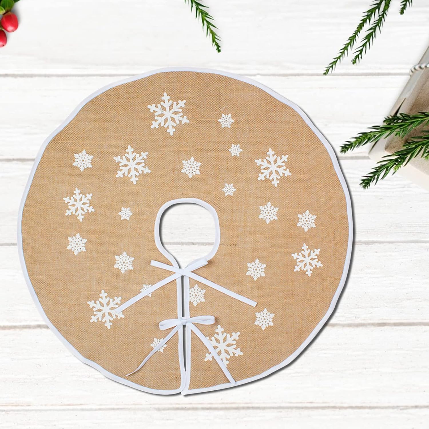 OurWarm Burlap Christmas Tree Skirt 30 Inch Small Xmas Tree Skirt White Snowflake Printed Vintage Christmas DecorationsOurWarm Burlap Christmas Tree Skirt 30 Inch Small Xmas Tree Skirt White Snowflake Printed Vintage Christmas Decorations