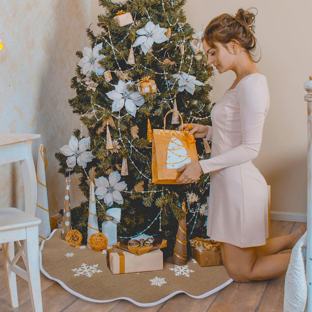 OurWarm Burlap Christmas Tree Skirt 30 Inch Small Xmas Tree Skirt White Snowflake Printed Vintage Christmas DecorationsOurWarm Burlap Christmas Tree Skirt 30 Inch Small Xmas Tree Skirt White Snowflake Printed Vintage Christmas Decorations