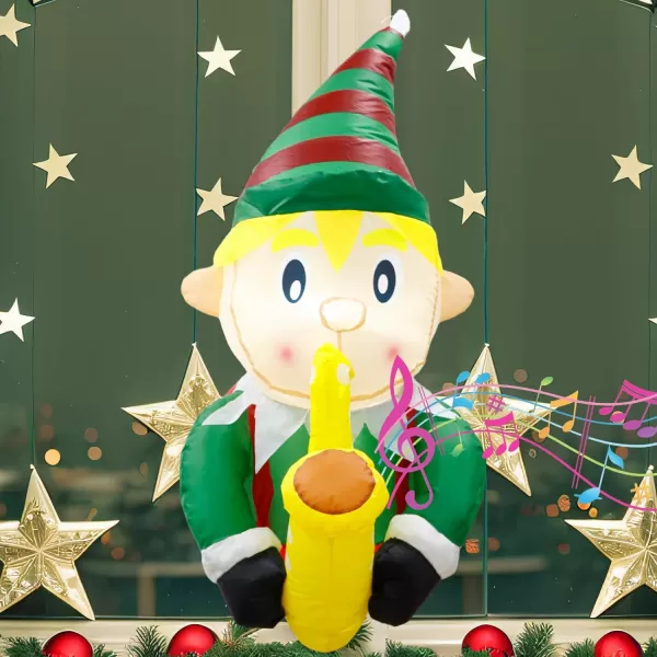 OurWarm 35 Ft Christmas Inflatables Outdoor Decorations Christmas Inflatable Elf Playing Saxophone Broke Out from Window Builtin LED Lights Xmas Blow up Decor for Outside Indoor Yard Garden HomeSaxophone Elf
