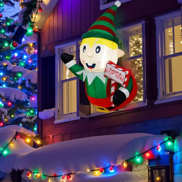 OurWarm 35 Ft Christmas Inflatables Outdoor Decorations Christmas Inflatable Elf Playing Saxophone Broke Out from Window Builtin LED Lights Xmas Blow up Decor for Outside Indoor Yard Garden HomeGuidepost Elf