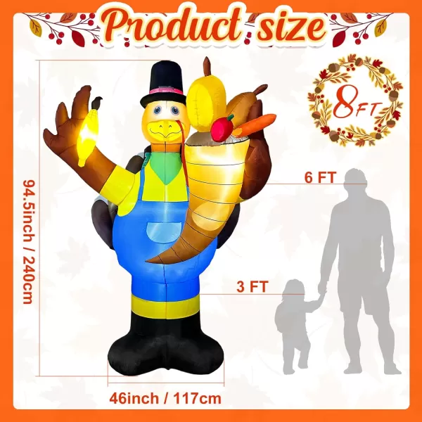 OurWarm 8FT Thanksgiving Inflatables Outdoor DecorationsInflatable Turkey Blow up Yard Decorations with LED Lights and Cornucopia for Indoor Outdoor Thanksgiving Fall Autumn Yard Lawn Party Decor8FT