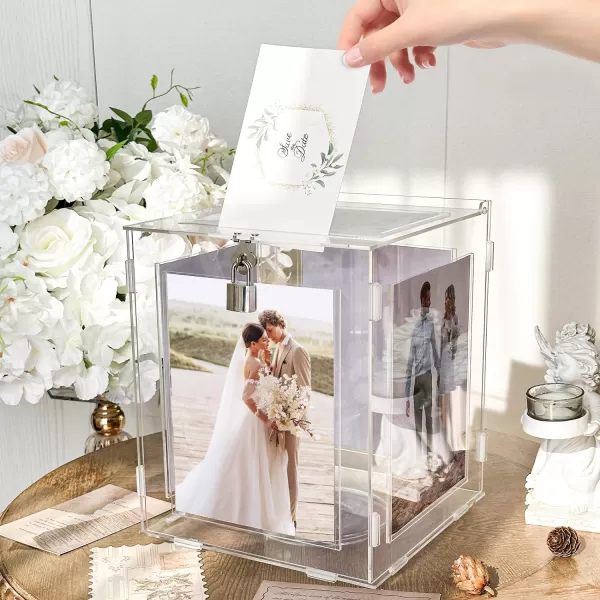 OurWarm Acrylic Wedding Card Box with Picture Frame for 8x10 Photos Large Rotatable Envelope Post Money Gift Box Holder with Lock Slot for Reception Anniversary Graduation Birthday Party Baby Shower DecorationsMedium