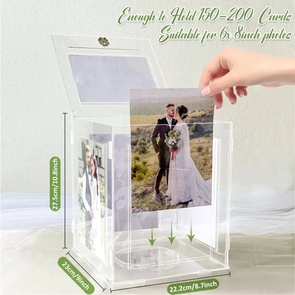 OurWarm Acrylic Wedding Card Box with Picture Frame for 8x10 Photos Large Rotatable Envelope Post Money Gift Box Holder with Lock Slot for Reception Anniversary Graduation Birthday Party Baby Shower DecorationsMedium