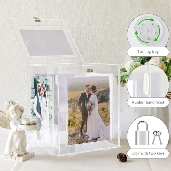 OurWarm Acrylic Wedding Card Box with Picture Frame for 8x10 Photos Large Rotatable Envelope Post Money Gift Box Holder with Lock Slot for Reception Anniversary Graduation Birthday Party Baby Shower DecorationsMedium