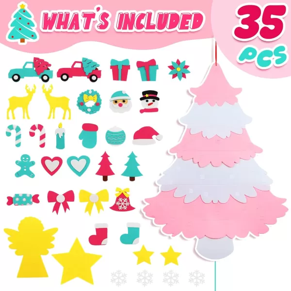 OurWarm DIY Felt Christmas Tree with Ornaments 3ft Felt Christmas Tree for Kids Xmas Gifts and Christmas Door Wall Hanging DecorPink