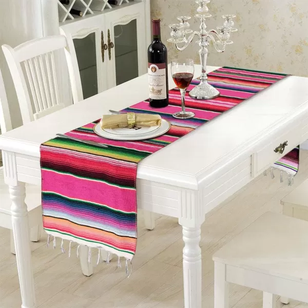 OurWarm Mexican Table Runner with Tassels 14in x 84in Fringe Cotton Striped Table Runners for Mexican Day of The Dead Party Decorations Mexican Serape Blanket Table RunnerPink