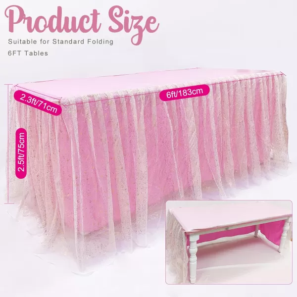 OurWarm Pink Table Skirt 6ft Table Skirt with Double Layer Organza Wedding Decorations Rustic Theme Graduation Pink Party Decorations Tutu Table Skirts for Rectangle Tables 6ftPink