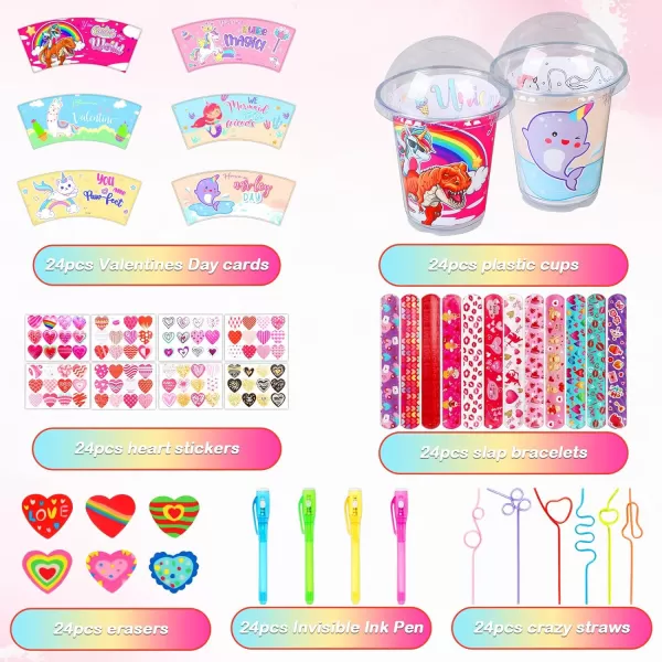 OurWarm Valentines Day Gifts for Kids Classroom 24 Packs Gift Set with Kids Valentines Day Cards Invisible Ink Pen Slap Bracelets Crazy Straws Stickers Kids Valentines Day Gifts for School SuppliesValentines Day Favors