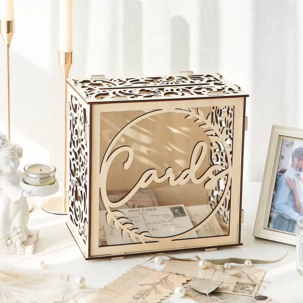 OurWarm Wedding Card Box for Wedding Reception Wooden Wedding Card Boxes with Windw Brown Wedding Envelope Money Gift Card Box for Baby Shower Birthday Graduation Party Rustic Wedding DecorationsWith LED Lights