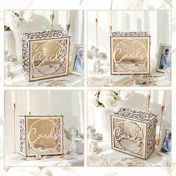 OurWarm Wedding Card Box for Wedding Reception Wooden Wedding Card Boxes with Windw Brown Wedding Envelope Money Gift Card Box for Baby Shower Birthday Graduation Party Rustic Wedding DecorationsWith LED Lights