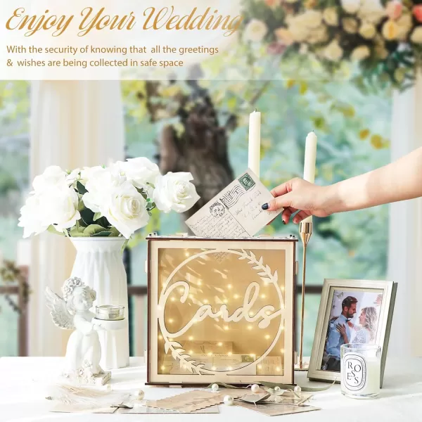 OurWarm Wedding Card Box for Wedding Reception Wooden Wedding Card Boxes with Windw Brown Wedding Envelope Money Gift Card Box for Baby Shower Birthday Graduation Party Rustic Wedding DecorationsWith LED Lights