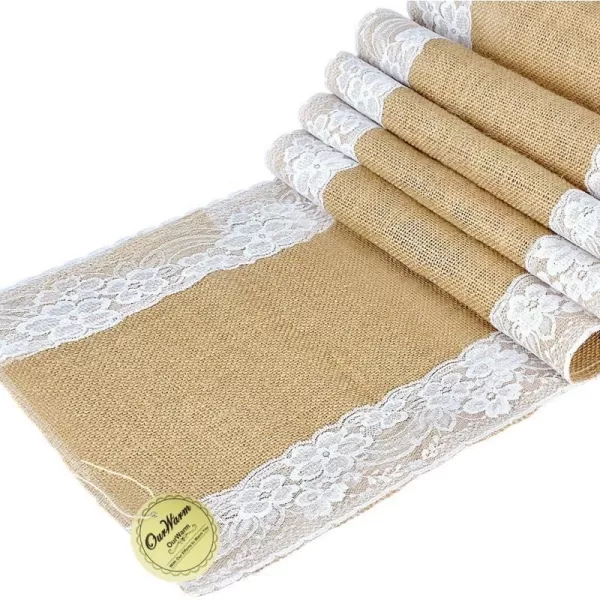 OurWarm 12 x 108 Rustic Burlap Lace Hessian Table Runner Natural Jute for Wedding Festival Event Table Decoration White Lace Both SideOurWarm 12 x 108 Rustic Burlap Lace Hessian Table Runner Natural Jute for Wedding Festival Event Table Decoration White Lace Both Side