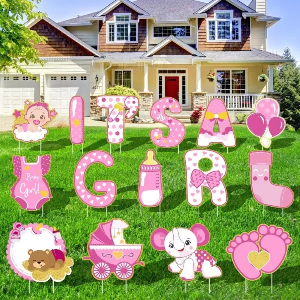 OurWarm 15 Pieces Gender Reveal Decorations Baby Shower Yard Signs with Stakes Its A Girl Pink Elephant Gender Reveal Yard Sign Welcome Home Yard Sign for Indoor Outdoor Garden Lawn Party DecorationsPink