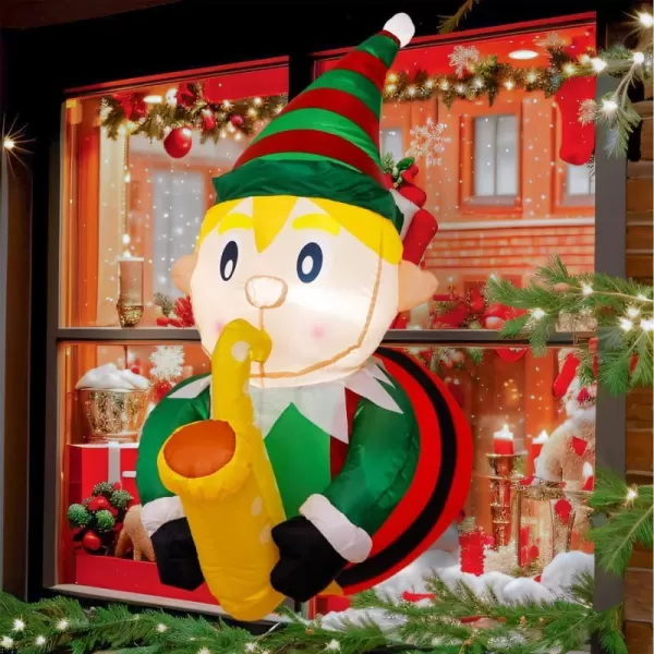 OurWarm 35 Ft Christmas Inflatables Outdoor Decorations Christmas Inflatable Elf Playing Saxophone Broke Out from Window Builtin LED Lights Xmas Blow up Decor for Outside Indoor Yard Garden HomeSaxophone Elf