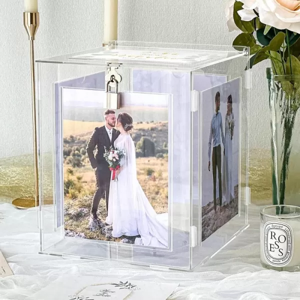 OurWarm Acrylic Wedding Card Box with Picture Frame for 8x10 Photos Large Rotatable Envelope Post Money Gift Box Holder with Lock Slot for Reception Anniversary Graduation Birthday Party Baby Shower DecorationsMedium