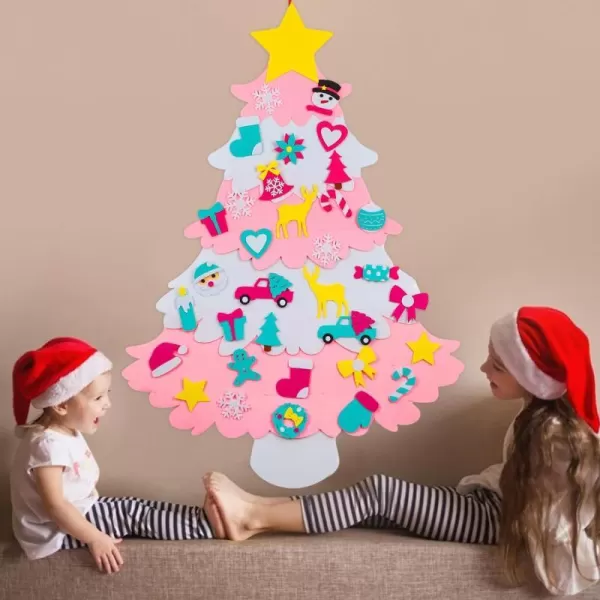 OurWarm DIY Felt Christmas Tree with Ornaments 3ft Felt Christmas Tree for Kids Xmas Gifts and Christmas Door Wall Hanging DecorPink