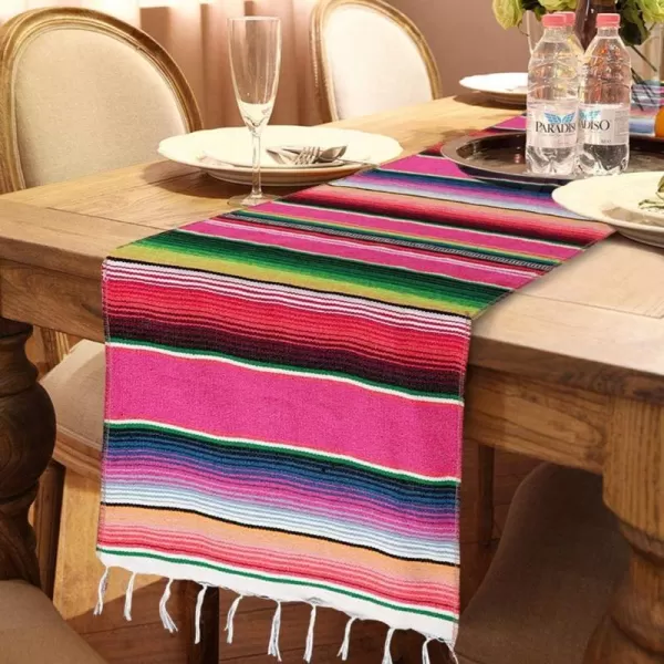 OurWarm Mexican Table Runner with Tassels 14in x 84in Fringe Cotton Striped Table Runners for Mexican Day of The Dead Party Decorations Mexican Serape Blanket Table RunnerPink