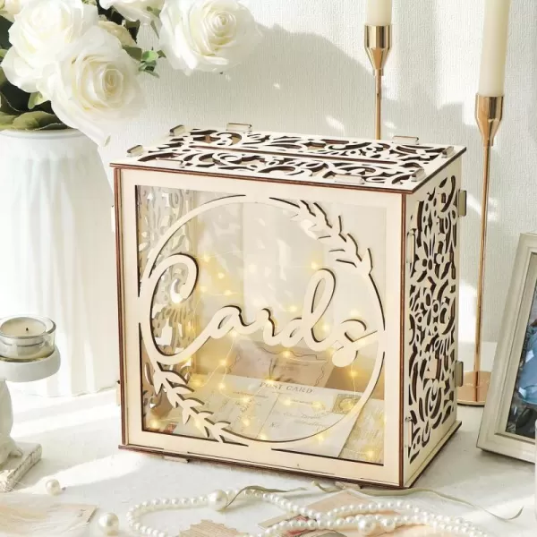 OurWarm Wedding Card Box for Wedding Reception Wooden Wedding Card Boxes with Windw Brown Wedding Envelope Money Gift Card Box for Baby Shower Birthday Graduation Party Rustic Wedding DecorationsWith LED Lights