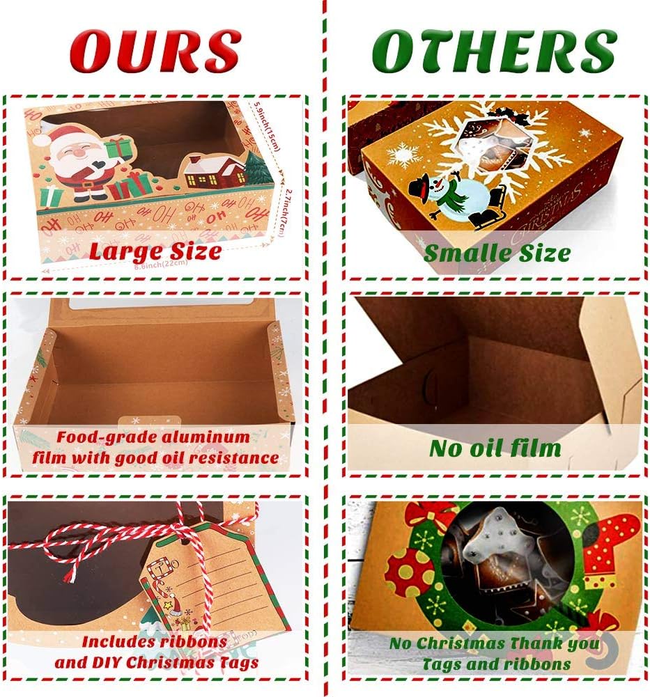 OurWarm 12 Pack Christmas Cookie Boxes Large Holiday Bakery Gift Boxes with Window and Tags Kraft Cupcake Boxes Food Packaging Containers for Gift Giving Christmas Party Favor Fits 20 CookiesPaper