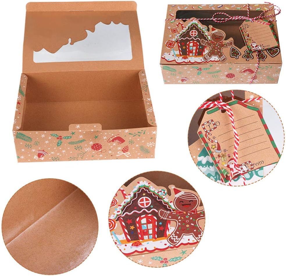 OurWarm 12 Pack Christmas Cookie Boxes Large Holiday Bakery Gift Boxes with Window and Tags Kraft Cupcake Boxes Food Packaging Containers for Gift Giving Christmas Party Favor Fits 20 CookiesPaper