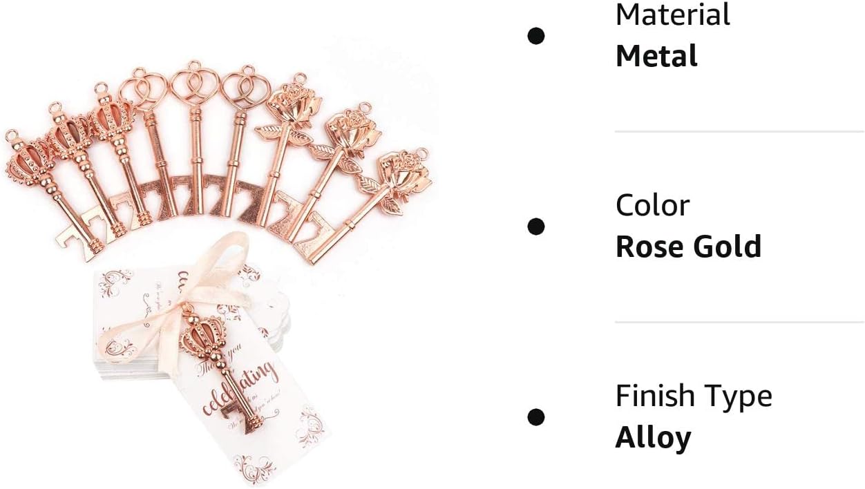 OurWarm 30pcs Key Bottle Opener Wedding Favors with Tags Rose Gold Skeleton Key Bottle Opener Favors for Bridal Shower Party Wedding Decorations or Souvenirs for Guests Bulk 3 StylesRose Gold