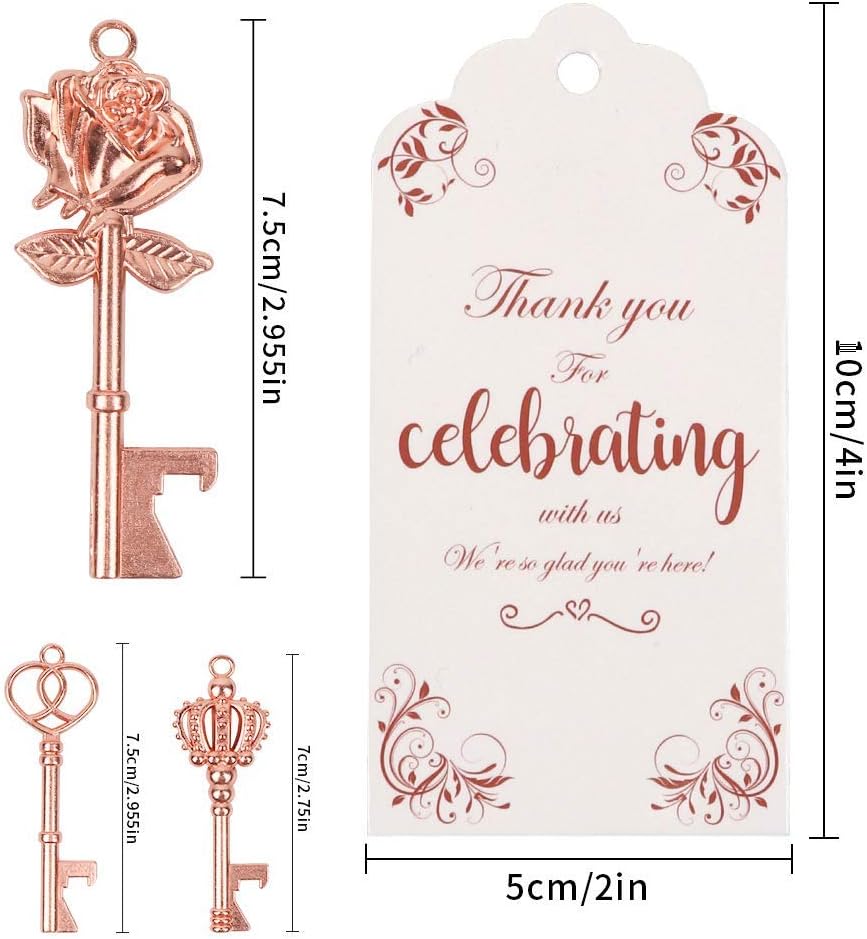 OurWarm 30pcs Key Bottle Opener Wedding Favors with Tags Rose Gold Skeleton Key Bottle Opener Favors for Bridal Shower Party Wedding Decorations or Souvenirs for Guests Bulk 3 StylesRose Gold