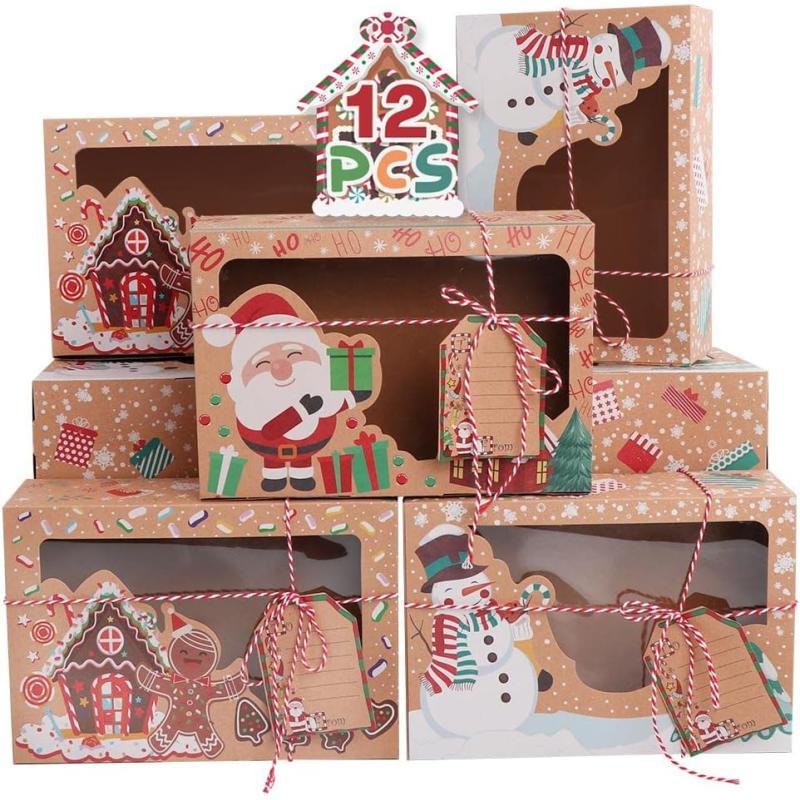 OurWarm 12 Pack Christmas Cookie Boxes Large Holiday Bakery Gift Boxes with Window and Tags Kraft Cupcake Boxes Food Packaging Containers for Gift Giving Christmas Party Favor Fits 20 CookiesPaper