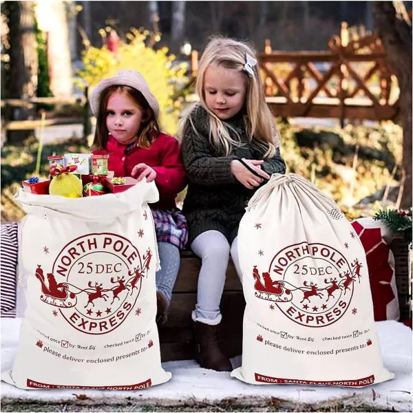 OurWarm 2pcs Santa Sacks Canvas Bags with Drawstring Large Christmas Bags Santa Bags for gifts Kids Presents Storage 19 x 27 InchBeige White