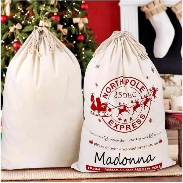 OurWarm 2pcs Santa Sacks Canvas Bags with Drawstring Large Christmas Bags Santa Bags for gifts Kids Presents Storage 19 x 27 InchBeige White