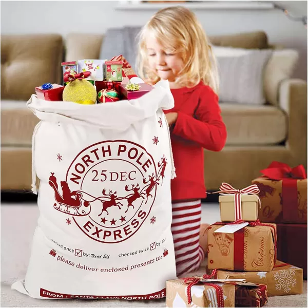 OurWarm 2pcs Santa Sacks Canvas Bags with Drawstring Large Christmas Bags Santa Bags for gifts Kids Presents Storage 19 x 27 InchBeige White