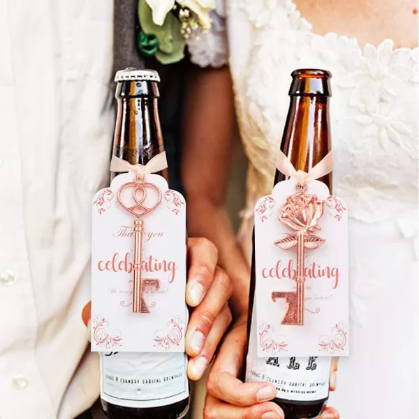 OurWarm 30pcs Key Bottle Opener Wedding Favors with Tags Rose Gold Skeleton Key Bottle Opener Favors for Bridal Shower Party Wedding Decorations or Souvenirs for Guests Bulk 3 StylesRose Gold