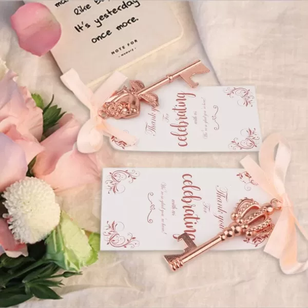 OurWarm 30pcs Key Bottle Opener Wedding Favors with Tags Rose Gold Skeleton Key Bottle Opener Favors for Bridal Shower Party Wedding Decorations or Souvenirs for Guests Bulk 3 StylesRose Gold