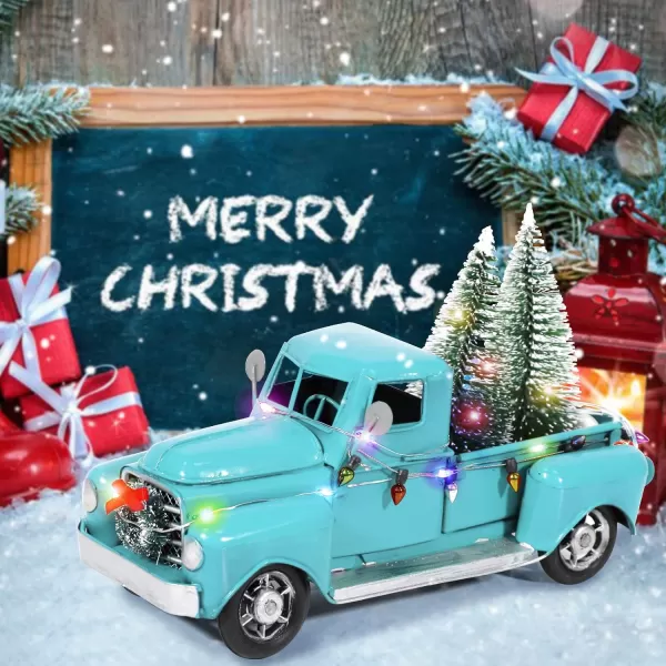 OurWarm Blue Christmas Truck Little Blue Truck Christmas Decor with 2 Mini Christmas Trees and LED String Lights Blue Metal Pickup Truck Car Model for Christmas Decorations Table Top DecorBlue