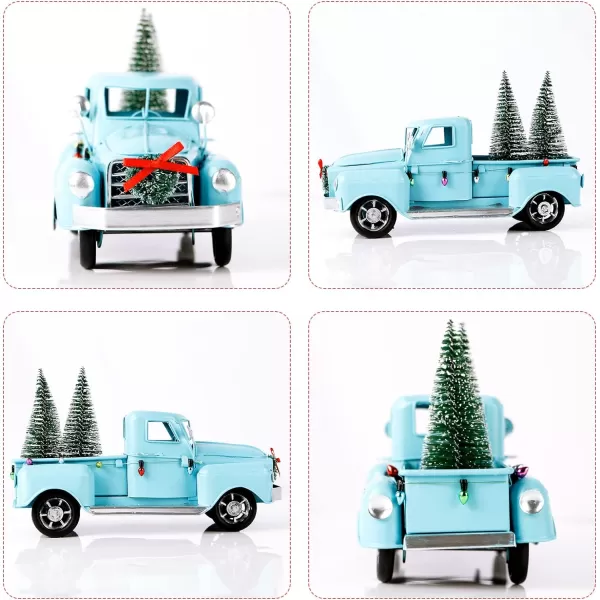 OurWarm Blue Christmas Truck Little Blue Truck Christmas Decor with 2 Mini Christmas Trees and LED String Lights Blue Metal Pickup Truck Car Model for Christmas Decorations Table Top DecorBlue