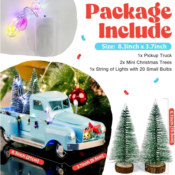 OurWarm Blue Christmas Truck Little Blue Truck Christmas Decor with 2 Mini Christmas Trees and LED String Lights Blue Metal Pickup Truck Car Model for Christmas Decorations Table Top DecorBlue