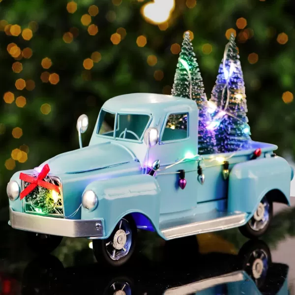 OurWarm Blue Christmas Truck Little Blue Truck Christmas Decor with 2 Mini Christmas Trees and LED String Lights Blue Metal Pickup Truck Car Model for Christmas Decorations Table Top DecorBlue