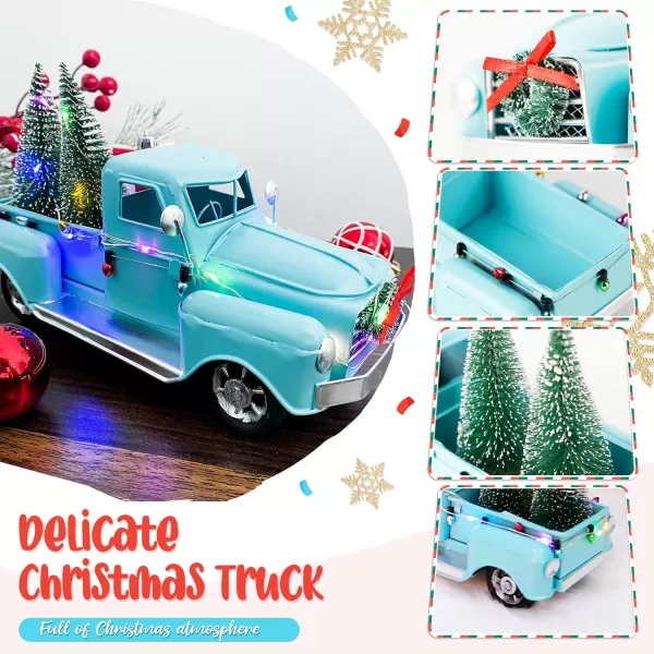 OurWarm Blue Christmas Truck Little Blue Truck Christmas Decor with 2 Mini Christmas Trees and LED String Lights Blue Metal Pickup Truck Car Model for Christmas Decorations Table Top DecorBlue