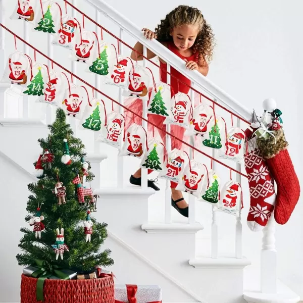 OurWarm Christmas Advent Calendar 2023 Decorations 24 days Dimity Burlap Gift Bags Favors for Christms Toys Home Decor 63 x 43 Christmas Tree Santa Claus Christmas SnowmanPolycotton