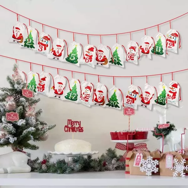 OurWarm Christmas Advent Calendar 2023 Decorations 24 days Dimity Burlap Gift Bags Favors for Christms Toys Home Decor 63 x 43 Christmas Tree Santa Claus Christmas SnowmanPolycotton