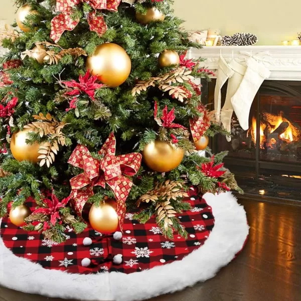 OurWarm Christmas Tree Skirt 48inch White Snowflake Fur Burlap Tree Skirt for Xmas Decor Festive Holiday Decorations Indoor OutdoorBuffalo Plaid