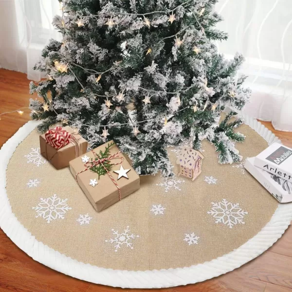 OurWarm Christmas Tree Skirt 48inch White Snowflake Fur Burlap Tree Skirt for Xmas Decor Festive Holiday Decorations Indoor OutdoorSingle Sided